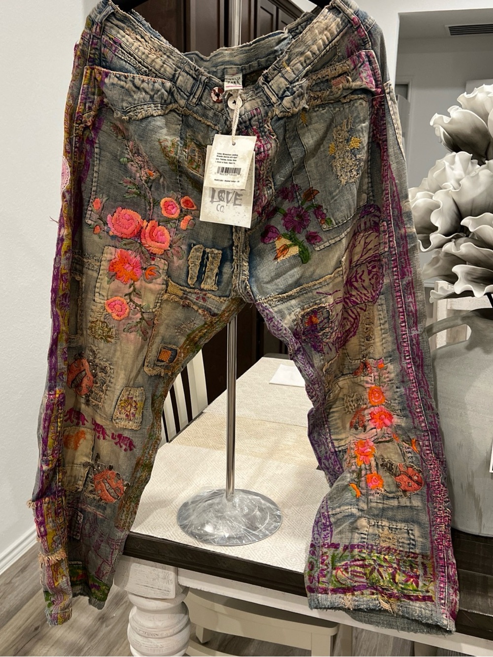 Magnolia Pearl Gray Denim Wide-Leg Jeans with Pink & Orange Embroidery - Picture 2 of 15